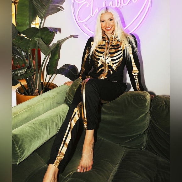 NWT Tipsy Elves Gold Skeleton Costume Zip Hood Onesie Jumpsuit Black Sz M - Picture 14 of 14